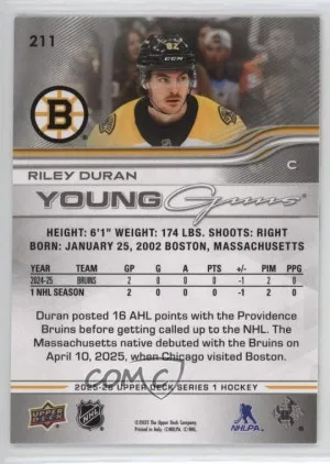 2025-26 Upper Deck Riley Duran #211 Young Guns Exclusives Rookie 002/100 back