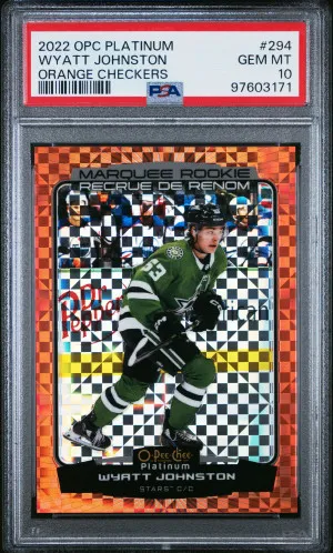 22/23 OPC PLATINUM ORANGE CHECKERS ROOKIE #294 WYATT JOHNSTON RC (01/25) PSA 10 - POP 5 front