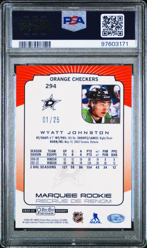 22/23 OPC PLATINUM ORANGE CHECKERS ROOKIE #294 WYATT JOHNSTON RC (01/25) PSA 10 - POP 5 back