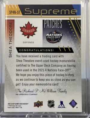 Shea Theodore Supreme Patches 4 Nations Team Canada /15 back