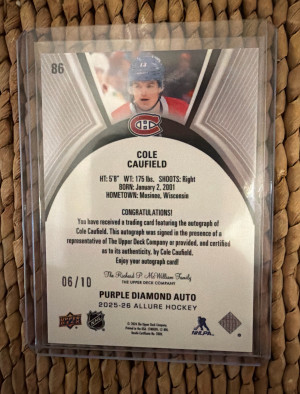 2025 Allure Cole Caufield Purple Diamond Auto /10 back