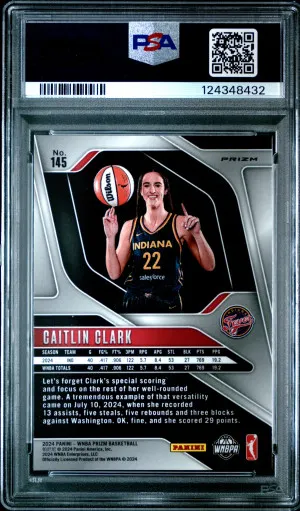 2024 Panini Prizm WNBA Caitlin Clark #145 Blue Velocity RC PSA 9 back