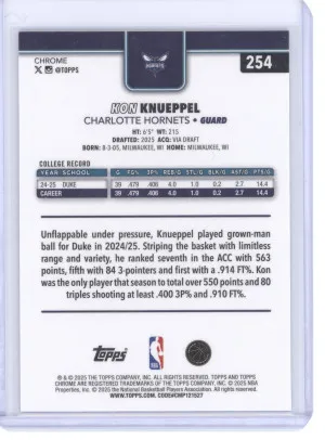 2025 Topps Chrome Basketball Kon Knueppel #254 Magenta 358/399 RC back