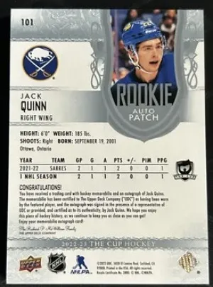 2022-23 Upper Deck the Cup Jack Quinn Patch Auto /249 Rookie back