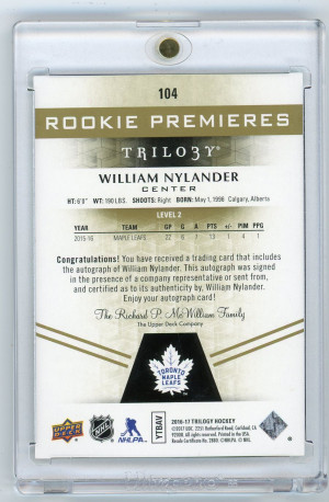 2016-17 UD Trilogy William Nylander Rookie Autograph /275 back