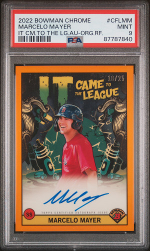 2022 Bowman Chrome It Came To The League Autographs Marcelo Mayer It Cm.to The Lg.au-Org.rf. #/25 PSA 9 front