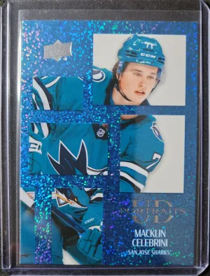 Macklin Celebrini UD Portraits Speckled Rookie front
