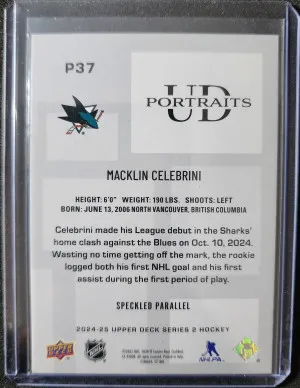 Macklin Celebrini UD Portraits Speckled Rookie back