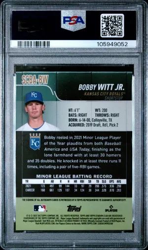 2022 Topps Stadium Club Base Autographs Bobby Witt Jr. Base Autographs PSA 10 back