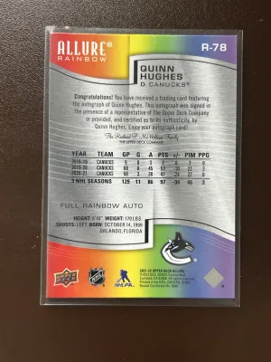 2021-22 Allure Quinn Hughes R-78 Full Rainbow Auto back