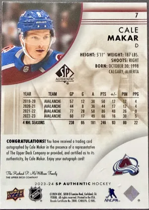 2023 SP Authentic Hockey Cale Makar Limited Auto back