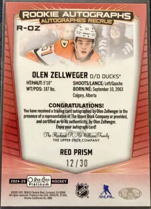 2024-25 OPC Platinum Olen Zellweger Red Prism Rookie Auto /30 back