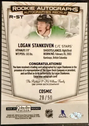 2024-25 OPC Platinum Rookie Autographs Cosmic Logan Stankoven /50 back