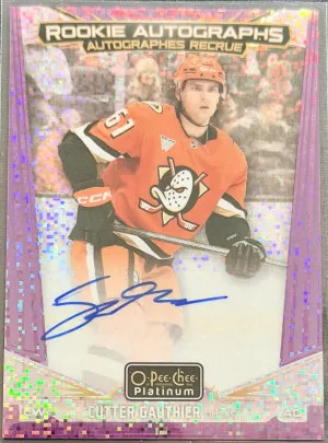 2024-25 OPC Platinum Rookie Autographs Violet Pixels Cutter Gauthier /65 front