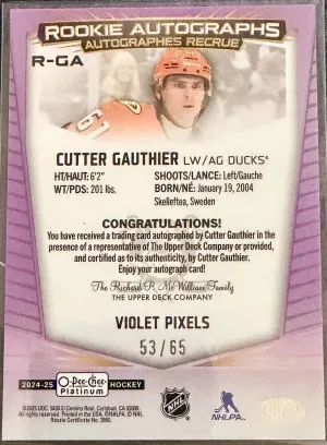 2024-25 OPC Platinum Rookie Autographs Violet Pixels Cutter Gauthier /65 back