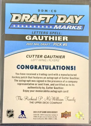 2024-25 SP Game Used Hockey Draft Day Marks Cutter Gauthier /35 back