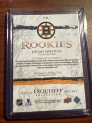 2021-22 Upper Deck Exquisite Rookies Gold Patch Jeremy Swayman 20/25 #R-JS back