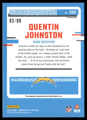 2023 Donruss Optic #265 Quentin Johnston Rated Rookies RPS Autographs Blue #/99 back