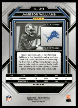 2022 Panini Prizm #311 Jameson Williams back