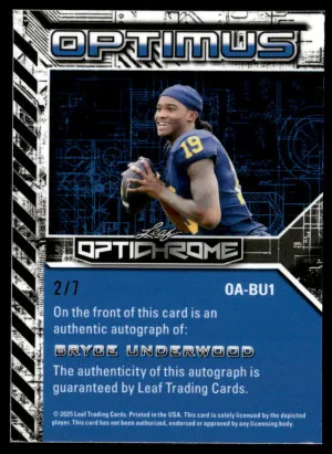 2025 Leaf Optichrome #OA-BU1 Bryce Underwood Optimus Auto Shimmer Platinum Blue #/7 back