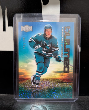 2024 Skybox Metal Universe Dawning Speckle /199 Macklin Celebrini Rookie front