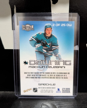 2024 Skybox Metal Universe Dawning Speckle /199 Macklin Celebrini Rookie back