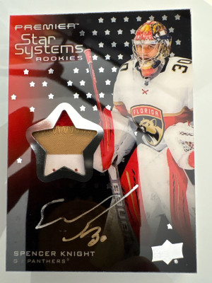 Spencer Knight, 2021-22 Premier, Star Systems Rookie Patch Auto /75 front