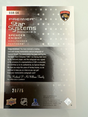 Spencer Knight, 2021-22 Premier, Star Systems Rookie Patch Auto /75 back