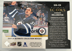 Connor Hellebuyck, 2019-20 Ultimate Icons, Patch Auto /25 back