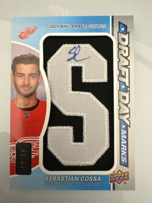Sebastian Cossa, 2023-24 SP Game Used Draft Day Marks /35 front
