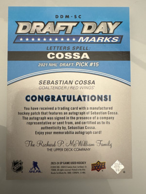 Sebastian Cossa, 2023-24 SP Game Used Draft Day Marks /35 back