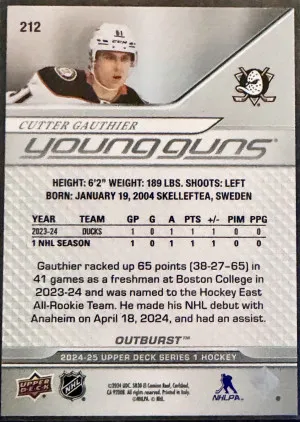 2024-25 UD Series 1 Hockey Cutter Gauthier Red Outburst Young Guns /25 back