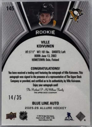 Ville Koivunen RC Blue Line Auto 14/35 -- 2025-26 Allure back
