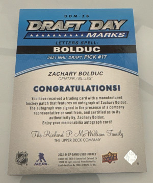 Zachary Bolduc, 2023-24 SP Game Used, Draft Day Marks, Auto /35 back