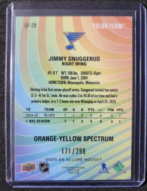 Jimmy Snuggerud Orange-Yellow Spectrum Rookie /299 back