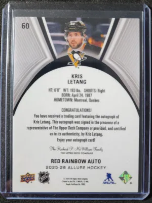 Kris Letang Allure Red Rainbow Auto back