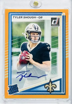 2025 Panini Donruss Tyler Shough Orange Rated Rookie Auto front