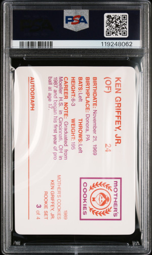 1989 Mother's Cookies Ken Griffey Jr. Ken Griffey Jr. Bat Over Left Shoulder back