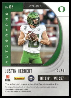 2020 Panini Prizm Draft Picks #102 Justin Herbert Hyper Auto #/50 back