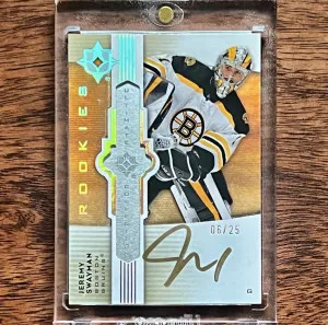 2021 Ultimate Emblems Rookies Auto Gold #UE-JS Jeremy Swayman /25 front