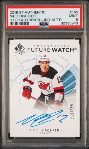 2017-18 Upper Deck SP Authentic Update Future Watch Auto 216/999 #145 Nico Hischier PSA 9 front