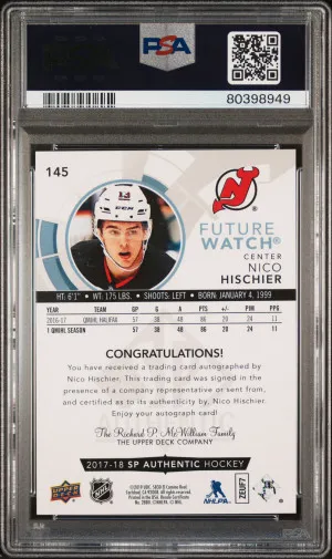 2017-18 Upper Deck SP Authentic Update Future Watch Auto 216/999 #145 Nico Hischier PSA 9 back