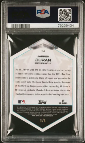2022 Topps Cosmic Chrome Jarren Duran Youth Invasion D/C Superfractor 1/1 PSA 10 back