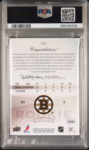 2009 The Cup Brad Marchand Rookie Patch Auto /249 PSA 8 back