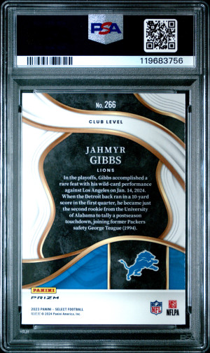 2023 Panini Select Jahmyr Gibbs Silver Prizm PSA 10 back