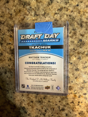 2016 SPGU Matthew Tkachuk Draft Day Marks /35 Rookie Auto back