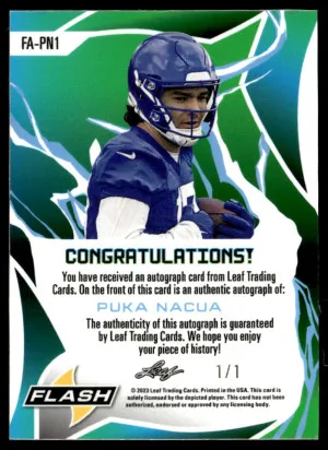 2023 Leaf Eclectic - Flash Auto Metalized Sparkles Gold #FA-PN1 Puka Nacua #/1 back