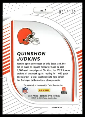 2025 Donruss Optic #7 Quinshon Judkins Hidden Potential Autographs #/199 back