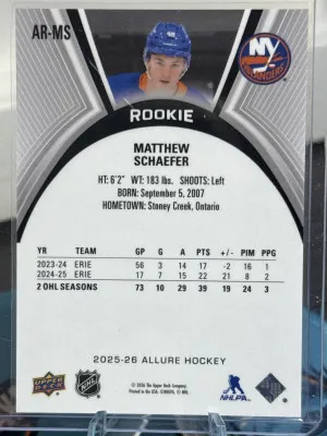 2025-26 Allure Matthew Schaefer Rookie XRC back