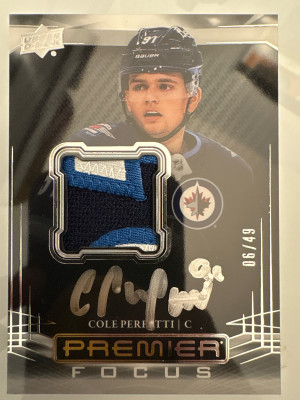 Cole Perfetti, 2022-23 Premier, Patch, Auto /49 #PFAP-CP front